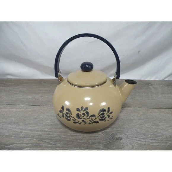 Enamel Tea Kettle Tan Beige Black Floral Stovetop Teapot style