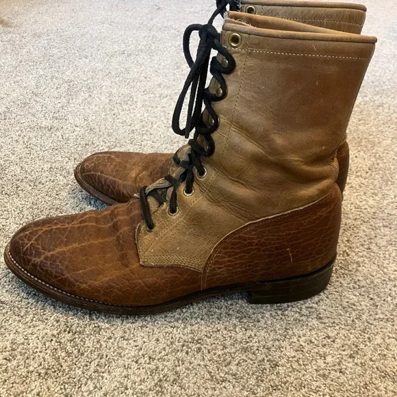 Vintage Justin 630 Mens 9 D Brown Leather Kiltie Lace Up Work Boot Round Toe USA