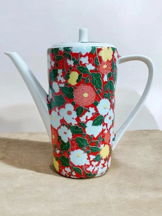 Vintage Made in Spain Floral Ceramic Coffee Pot Teapot Red White Cottagecore