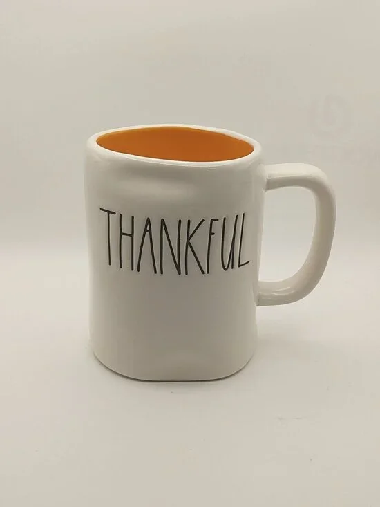 THANKFUL Rae Dunn Artisan Collection By Magenta Coffee Mug White With Orange Int
