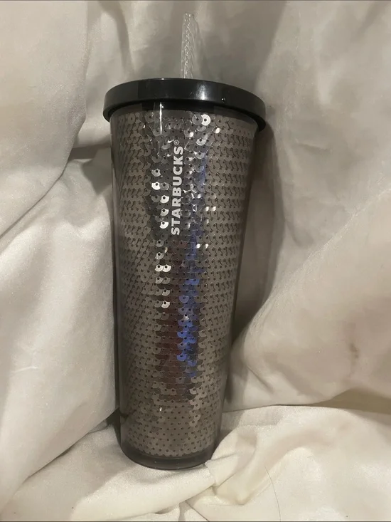 Starbucks Black Sequin Acrylic Cold Cup 24 oz Venti Tumbler 2018 SC1