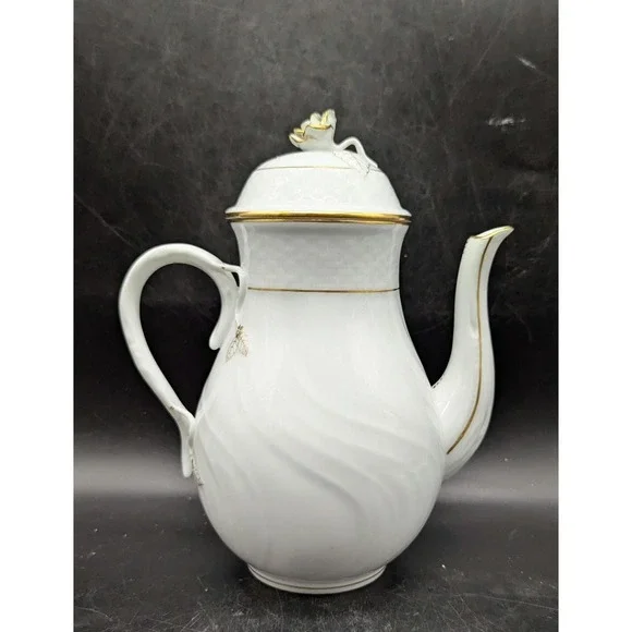 Vintage Herend Porcelain Golden Edge Coffee Tea Pot W Lid Rose Hungarian
