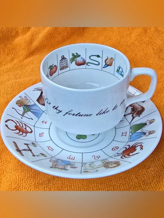 Vintage Royal Kendal Taltos Fortune Teller Tea Leaf Cup & Saucer Zodiac