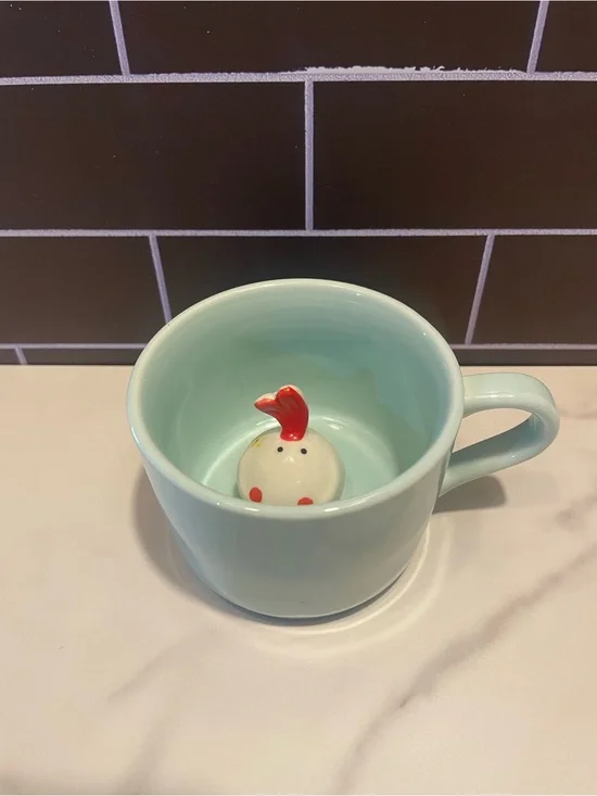 3D Animal Ceramic Vintage Novelty Coffee Cup Mint Green with Red Accent #0218