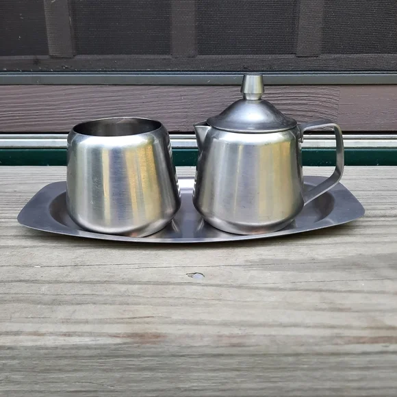 Vintage Oneida 18/8 Stainless Steel Astrid Creamer And Covered Sugar Bowl Set