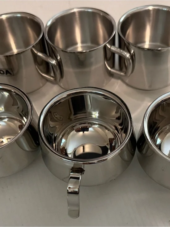Set of 6: Polished Stainless Steel Coffee Cup and 3 serving bowls Mazda & JVL