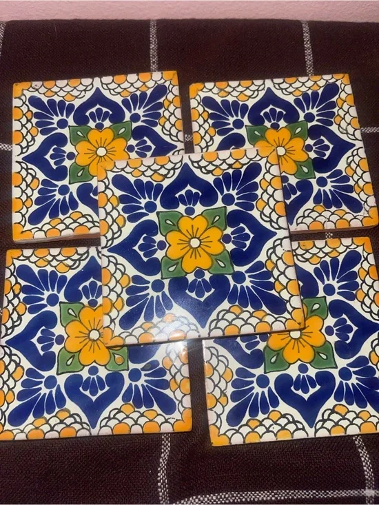 Set of 5 Matching Mexican Talavera Tile Coasters Bright Artistic