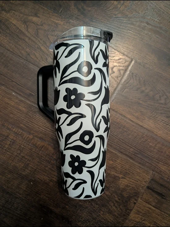 Hobby Lobby Black & White Floral Travel Tumbler with Handle