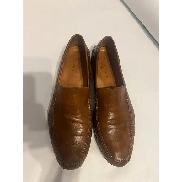 Mezlan Brown Leather Loafers Woven Apron Toe Slip-On Men's Dress Shoes