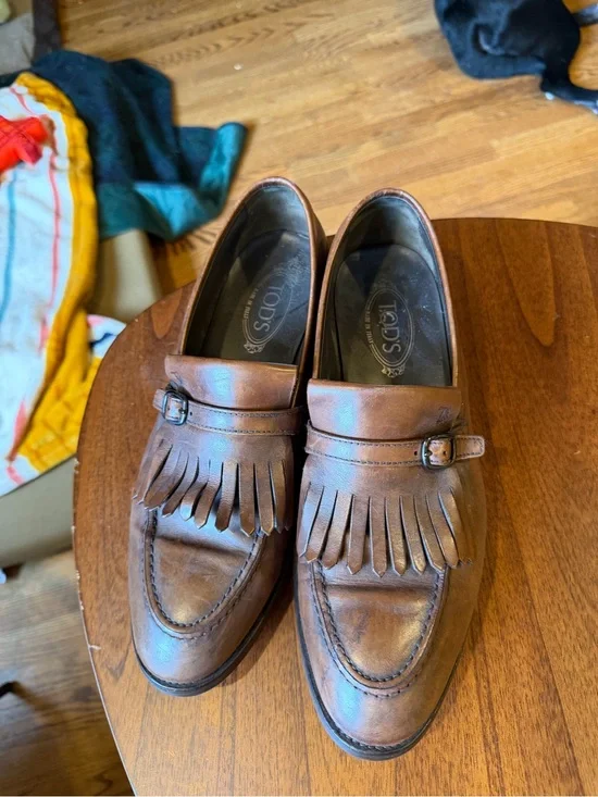 Tod's Brown Leather Kiltie Loafers with Buckle Fringe