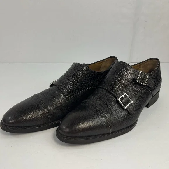 Di Bianco Black Pebble Grain Leather Monk Strap Dress Shoes Men's Size 8.5 Italy