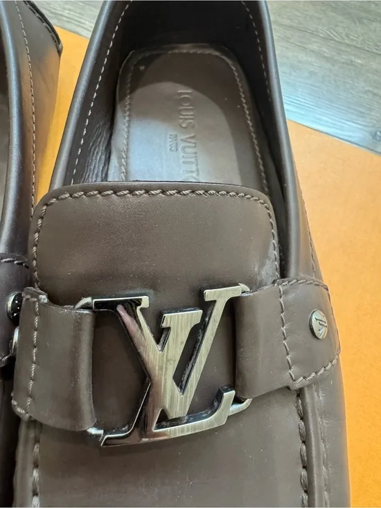 Louis Vuitton Monte Carlo Moccasins Men UK 9 Brown Leather LV Logo Loafers Italy