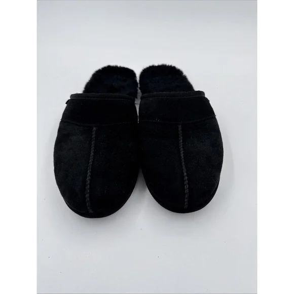 UGG Mens Size 10 USA Black Suede Slippers/Slides/Scuffs Sheepskin Insole  Cozy