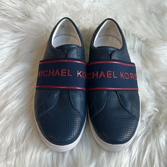 Michael Kors men’s size 7.5 navy dark blue and red leather slip on loafers