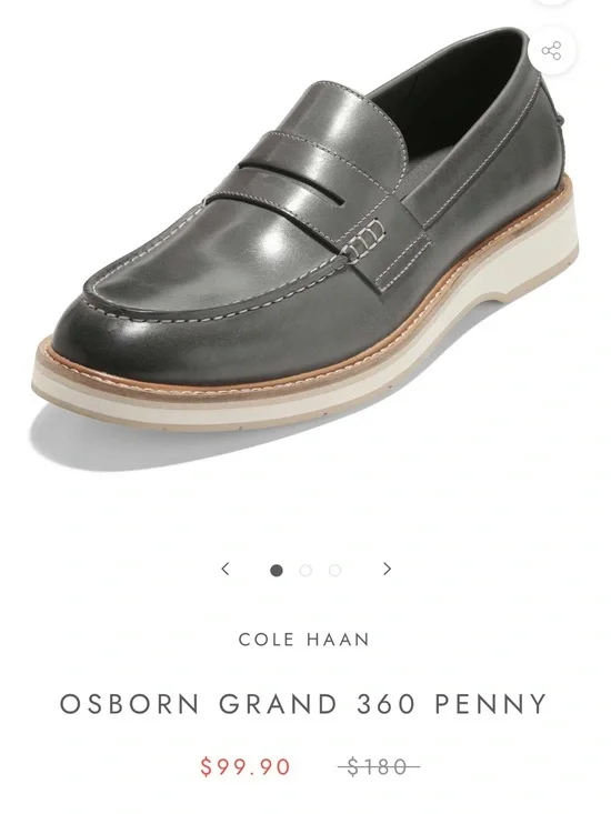 Cole Haan Gray Leather Penny Loafer with Cream-Wrapped Sole