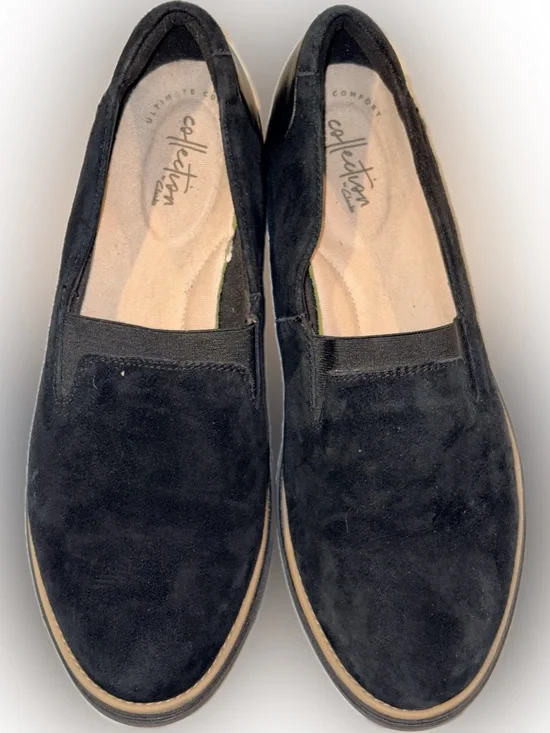 Clarks Sharon Dolly Black Suede Slip On Wedge Loafer