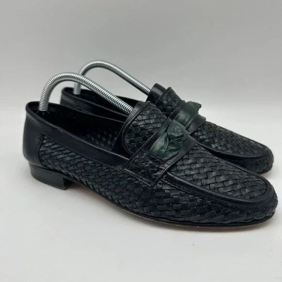 DANIELE FERRADINI Italian Soft Leather Loafers - Black Green Weave - Mens Size 9