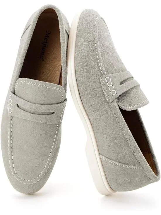 🆕Men's White 2 Leather Loafers Slip-On Moccasins Suede Dress Shoes Lightweight