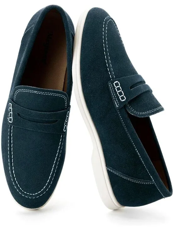 🆕Men Dark Blue Leather Loafers Slip-On Moccasins Suede Dress Shoes Lightweight