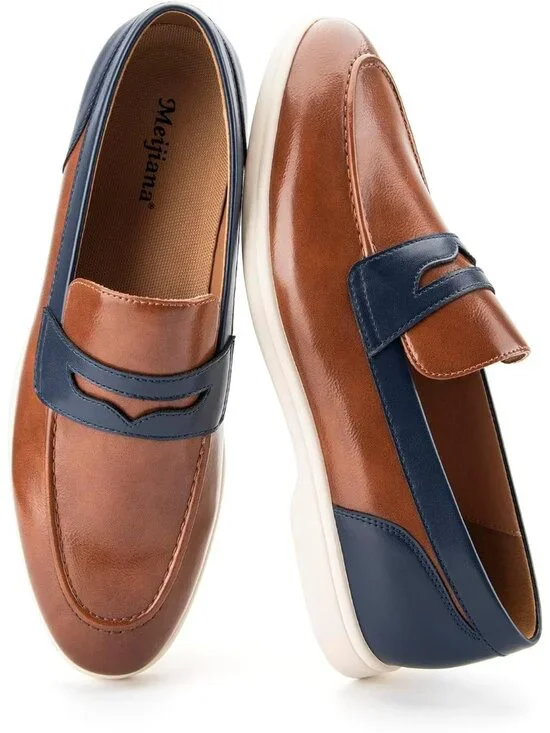 🆕Men's Brown Blue Leather Loafers Slip-On Moccasins Dress Shoes Lightweight