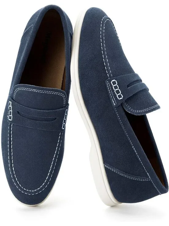 🆕Men's Blue Leather Loafers Slip-On Moccasins Suede Dress Shoes Lightweight