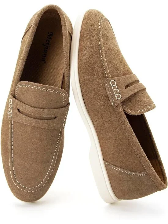 🆕Men's Tan Leather Loafers Slip-On Moccasins Suede Dress Shoes Lightweight