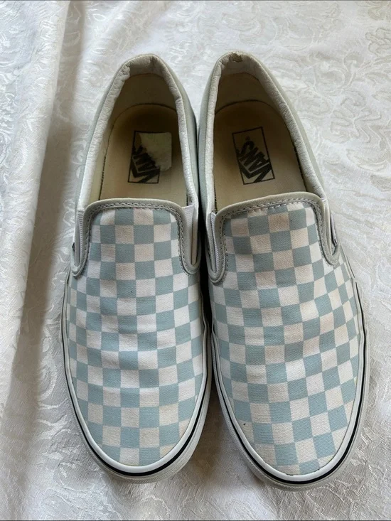 Vans men’s size 10.5 Classic Slip-On Checkerboard Sneakers - Light Blue/White