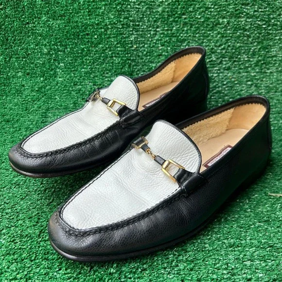 Artioli Star Mens 9.5 D Black White Pebbled Leather Horsebit Loafers Italy
