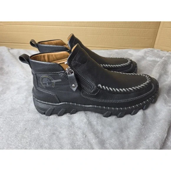 Leather Ankle Boots Moc Toe Side Zip Shoes Size 9.5 Black Driving Walking Comfy