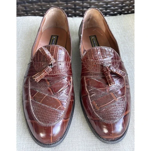 Stacy Adams Cognac Brown Snake Leather Tassel Loafer Dress Shoes Size 10 M