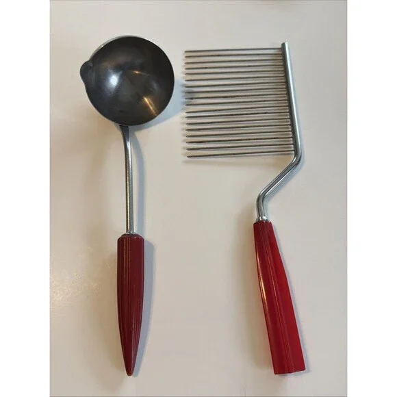 Vintage Red Bakelite Utensils Cake Cutter and Soup Gravy Serving Ladle