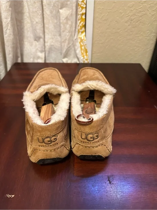 Mens UGG Ascot Tan Brown Suede Lined Slippers Shoes Moccasins Loafers Size 11