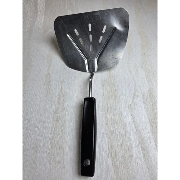 Vintage Ekco Flint Stainless Steel Slotted Spatula Black Handle Turner 10.5in