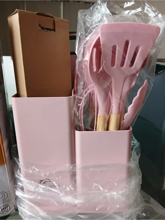 Pink Bamboo-Handle Kitchen Utensil Set with Stand
