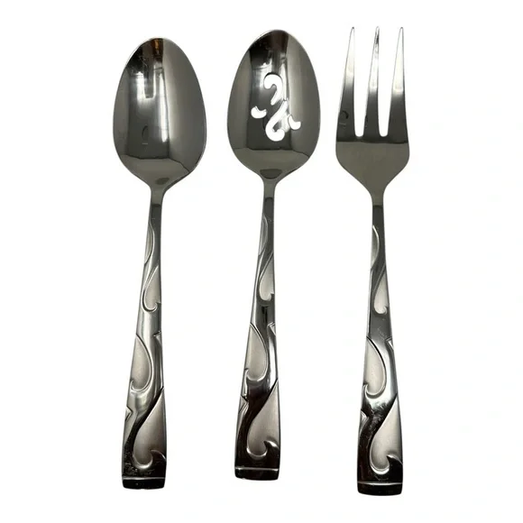 Oneida Stainless Tuscany Pattern Set of 3 Pieces Large Serving Spoons & Fork