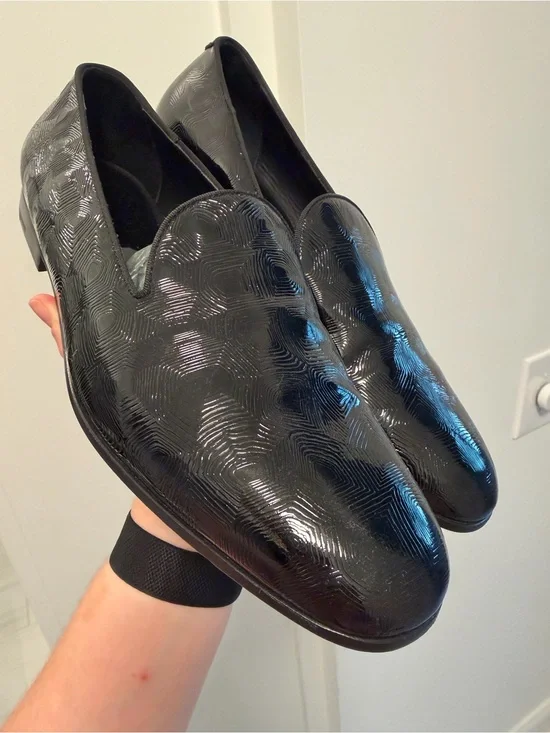 Giorgio Armani Black Patent Textured Slip-On Loafers