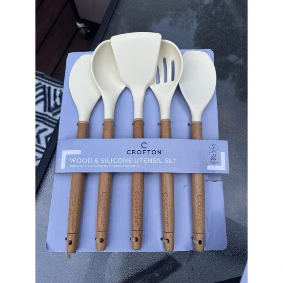 Crofton Wood & Silicone Utensil Set 5-Piece Spoon, Turner, Spatula