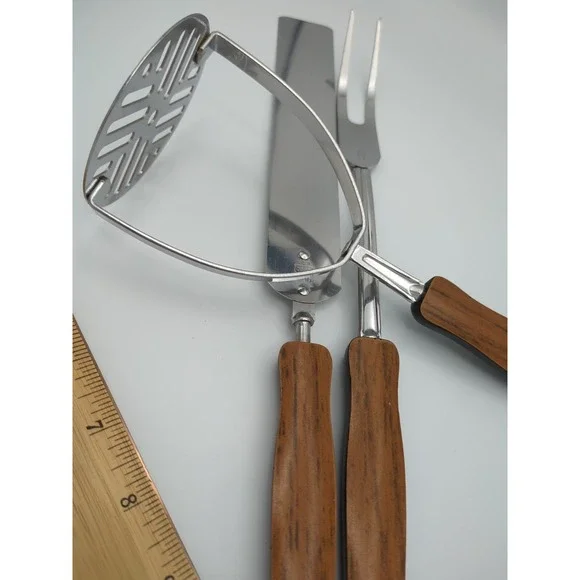 Vtg EKCO Stainless Cooking Utensils Woodgrain Faux Wood‎ Set of 3 Retro USA