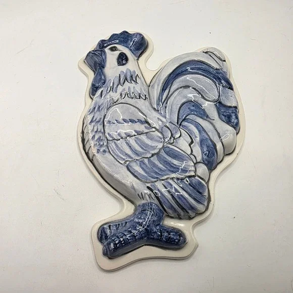 Joni 15 Handcrafted Ceramic Rooster Dual Spoon Rest Blue White Farmhouse Decor