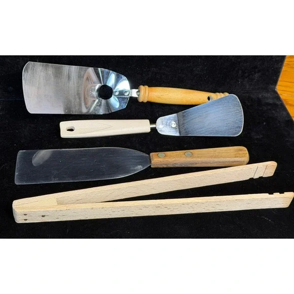 Vintage 4pc Kitchen Utensils: Ekco, Montgomery Ward Spatula Set and Wooden Tongs