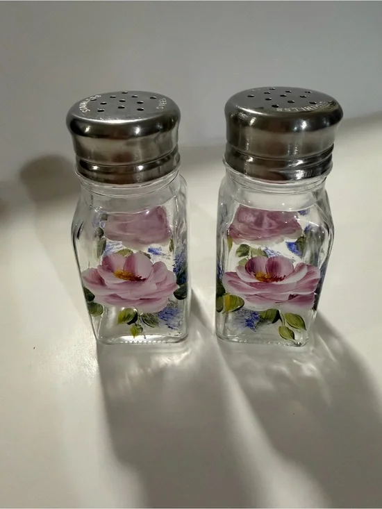 Decorative Pink Floral Glass Salt and Pepper Shakers with Silver Tops