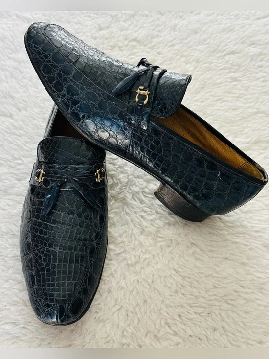 Vintage Genuine Croc Skin Navy Blue Leather Customized Slip On Shoes 10.5