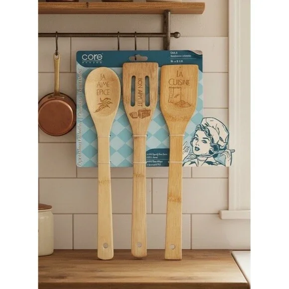 Core Bamboo Utensils Set of 3 Expressions French Engraved Kitchen Tools New