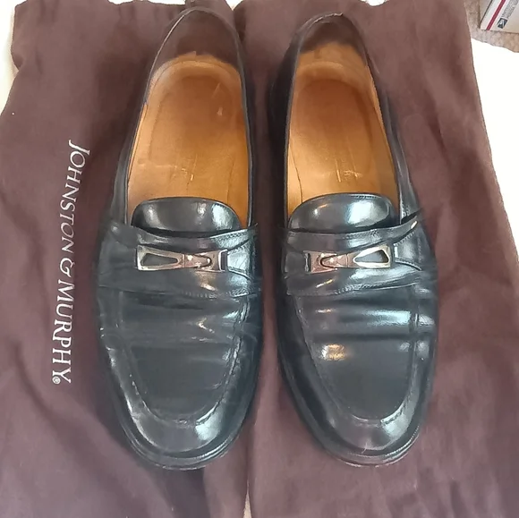Vintage Johnston & Murphy Black Leather Bit Loafers Men's 9D Slip On w/ Dust Bag