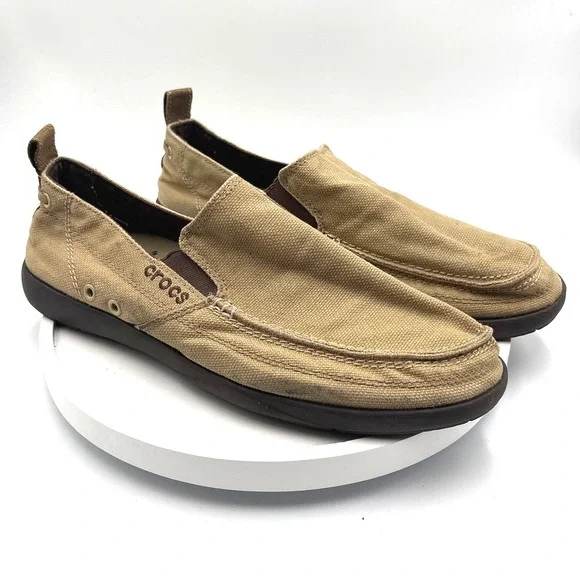 Crocs Santa Cruz Mens Khaki Canvas Slip On Loafers Size M12 Tan 11270