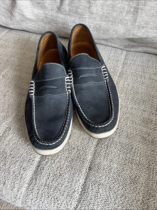 Men's Peter Millar Leather Penny Loafers - Classic Casual Slip-On Navy Blue