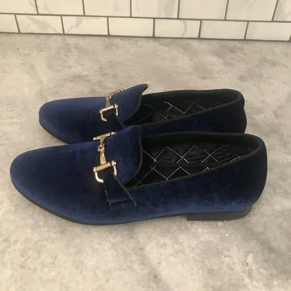 Steve Madden Loafers Shoes Mens Size 7.5 Navy Velvet Horsebit Slip On Coime Gold