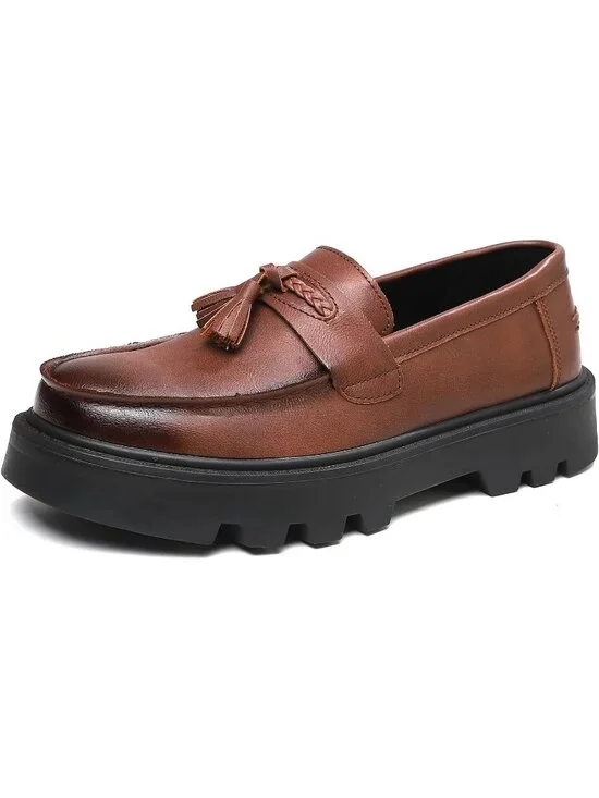 Men's Brown Patent Leather Loafers Chunky Heel Tassel Slip On Dress Shoes