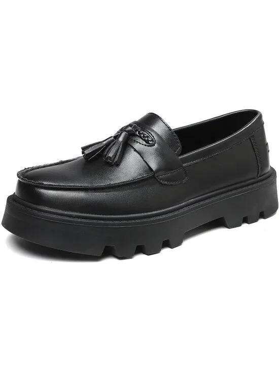 Men's Matte Black Patent Leather Loafers Chunky Heel Tassel Slip On Dress Shoes