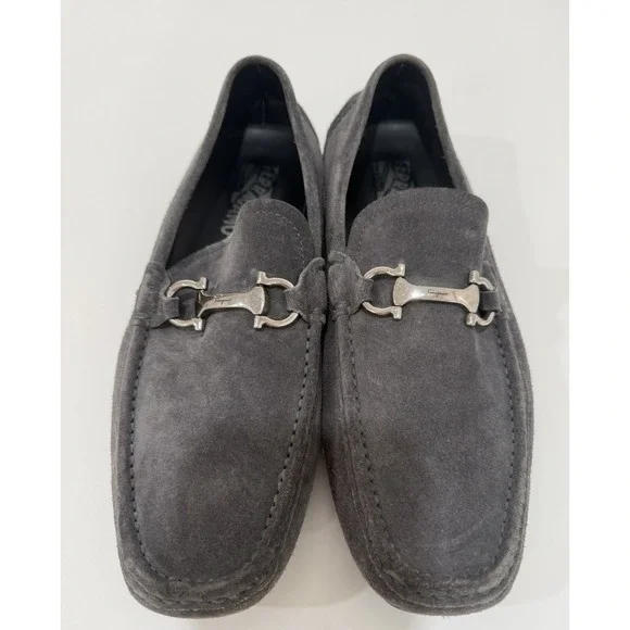 Salvatore Ferragamo Gancini Bit Grey Suede Driving loafers Mens US 9D‎